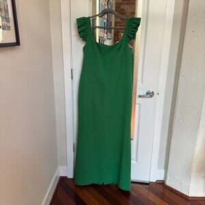 Ieena for Mac Duggal Ruffle Cap Sleeve Open Back Column Gown, 14, Green